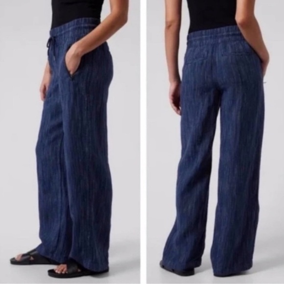 Athleta Retreat Linen High Rise Wide Leg Pant Blue Size XL - Picture 1 of 15